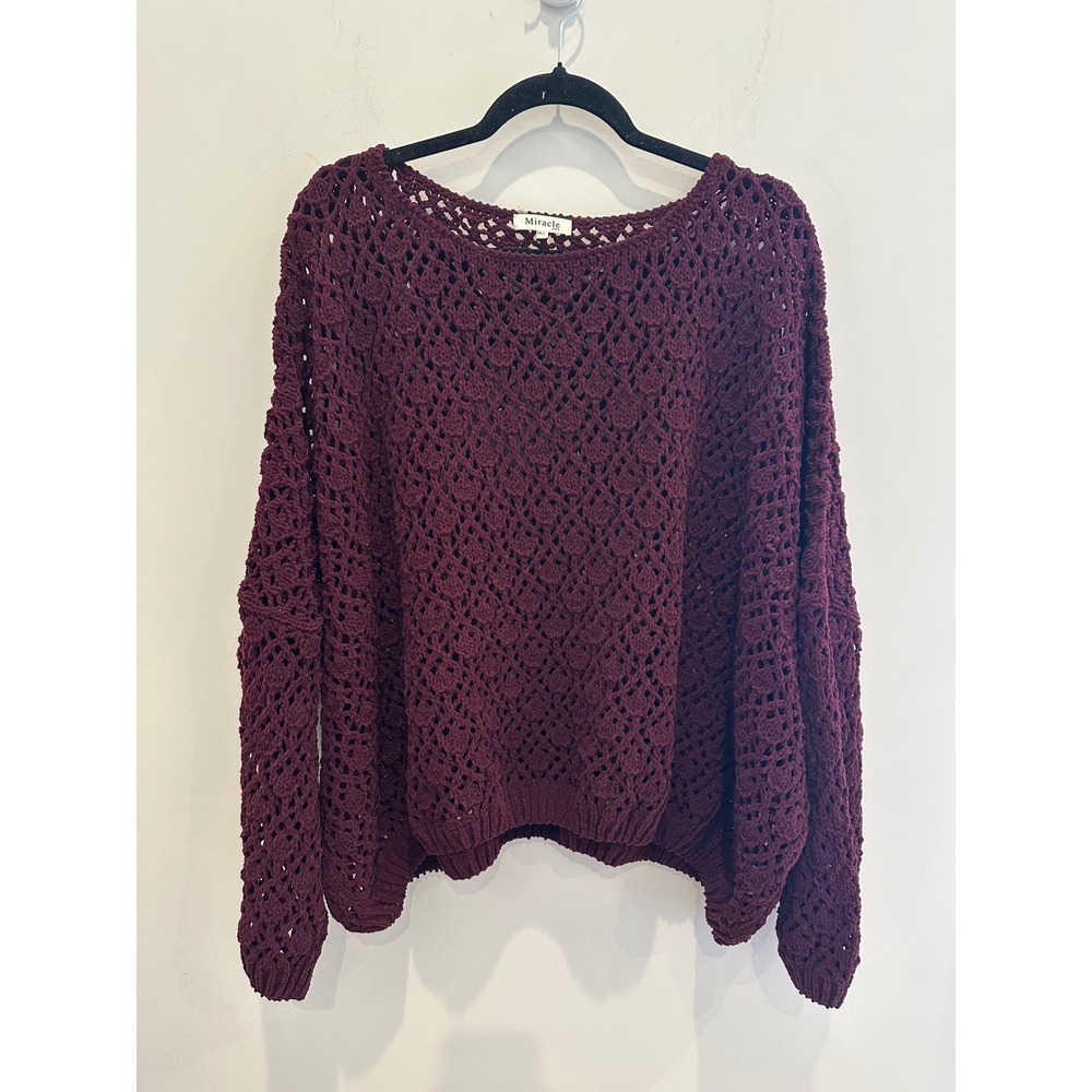 Miracle USA Womens Chenille Open Knit Crochet Sweater Burgundy Wine M/L